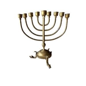 Antique Dutch Style Brass Menorah - Tripod Dolphin Feet - 9 Branch Hanukkah
